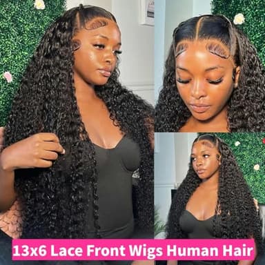 JTMMP 13x6 Deep Wave Lace Front Wigs Human Hair 200% Density 26 Inch Curly Human Hair Wig for Women Natural Black HD Transparent Lace Glueless Frontal Wigs Human Hair Pre Plucked - Image 7