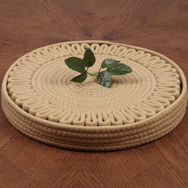 AHHFSMEI Round Woven Placemats Set of 4,13 inches Natural Cotton Blend Farmhouse Hand-Woven Place Mats Braided Rattan Table Mats for Dining Table(Light Brown Flower 4) - Image 2