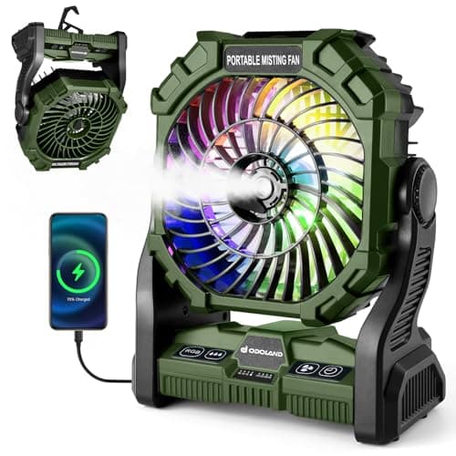 Odoland Portable Camping Fan with LED Lantern, 20000mAh Battery Operated Rechargeable Misting Fan with Light, 250mL Water Tank, Hook, Outdoor Tent Cooling Fans for Patios Beach Travel Summer, Green - Image 1