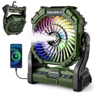 Odoland Portable Camping Fan with LED Lantern, 20000mAh Battery Operated Rechargeable Misting Fan with Light, 250mL Water Tank, Hook, Outdoor Tent Cooling Fans for Patios Beach Travel Summer, Green - Image 1