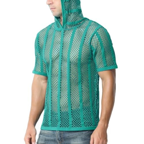 SUMABA Mens Fishnet Top Pullover Sexy See Through Short Sleeve T-Shirt Hoodies,Green XXL - Image 1