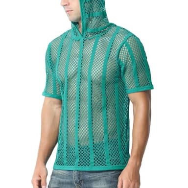 SUMABA Mens Fishnet Top Pullover Sexy See Through Short Sleeve T-Shirt Hoodies,Green XXL - Image 1