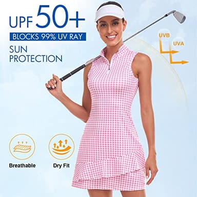 Tennis Dress for Women Classic Golf Outfits Sleeveless Athletic Dresses with Pockets and Shorts Zip Up Stand Collar Lightweight for Pink Houndstooth-S - Image 2