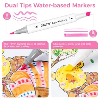 Ohuhu Markers for Adult Coloring Books No Bleeding 60 Colors Water-based Dual Tips Coloring Markers for Kids Adults Beginners Drawing Pens for Journaling Lettering (Brush & Chisel) - Image 5