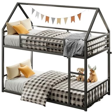 LIKIMIO Bunk Bed Twin Over Twin, House Bunk Bed Frame with Ladder and Guardrail, House Shaped with Metal Slats for Dormitory and Bedroom, Space Saving, No Box Spring Needed, Black - Image 8