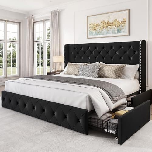 LARMACE King Size Bed Frame with 4 Storage Drawers and Tufted Headboard Velvet Upholstered Platform Bed Frame Wingback Beds with Wooden Slats Support, Easy Assembly, Black - Image 1