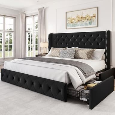 LARMACE King Size Bed Frame with 4 Storage Drawers and Tufted Headboard Velvet Upholstered Platform Bed Frame Wingback Beds with Wooden Slats Support, Easy Assembly, Black - Image 1