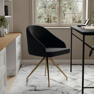 Martha Stewart Sora Stationary Swivel Task Chair with Sloped Arms for Home Office in Black Velvet with Polished Brass Frame - Image 2