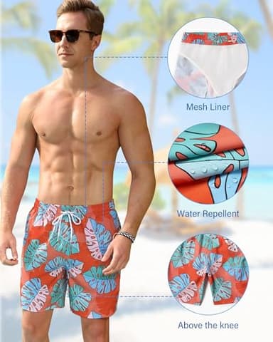 Gleeease Mens Lined Swim Trunks: 7 inch Quick Dry Stretchy Soft with Mesh Liner Beach Pool Water Sport Orange Hawaiian Leaf - Image 2