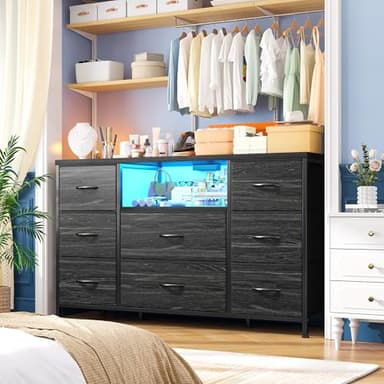 Black Dresser TV Stand for 55'' with LED Lights & Charging Station, Dresser for Bedroom with 8 Drawer, Chest of Drawers with Open Shelves, 6 Adjustable Feet, Hallway, Entryway - Image 2