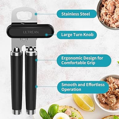 Ultrean Manual Can Opener Bottle Opener, Heavy Duty Stainless Steel Smooth Edge Manual Hand Held Can Opener With Soft Touch Handle, Rust Proof Oversized Handheld Easy Turn Knob (Black) - Image 2