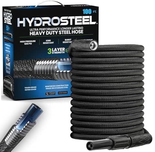 HYDROSTEEL 100 Ft Metal Garden Hose with Sprayer Nozzle, Indestructible 3-Layer Stainless Steel Heavy Duty Water Hose 100 Ft x 5/8 in. Kink Free Design Will Not Kink, Flexible, NON Expandable, 500 PSI - Image 1