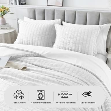 HYLEORY Queen Size Seersucker Comforter Set - 7 Pieces Reversible Comforters Bedding Sets, All Season Bed in a Bag with Comforter, Sheets, Pillowcases & Shams White - Image 4