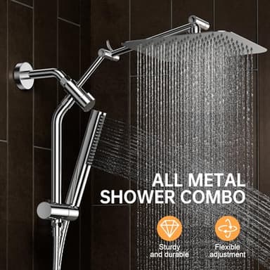 Veken 10" Luxurious All Metal Rain Shower Head with Handheld, High Pressure Rainfall Shower Heads wih Extension Arm, Wide Dual Showerhead with Spray Combo, Bathroom Accessories, Chrome, Silver - Image 2