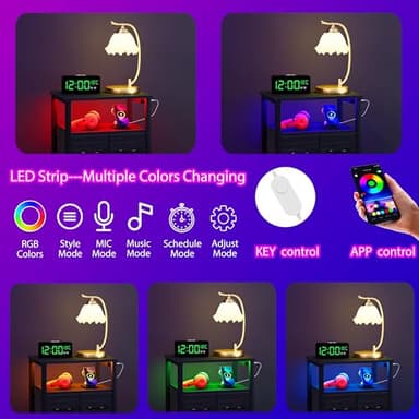 Furnulem Black Nightstand with Wood Shelf, Bed Side Table with Led Light and Charging Station, 25.8 Inch End Table with 3 Fabric Storage Drawers, Small Night Stand for Bedroom Furniture - Image 7