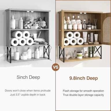 Rattan Bathroom Wall Cabinet, Boho Medicine Wall Cabinet with Double Doors and Adjustable Shelves, Tall Kitchen Wall Mounted Storage Cabinet, Floating Space Saver Over Toilet, Natural - Image 5