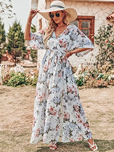 ANRABESS Women’s Summer Loose Boho Flowy Wrap V Neck 3/4 Sleeve Floral Print Slit Beach Wedding Guest Long Maxi Dresses White Flor X-Large - Image 2