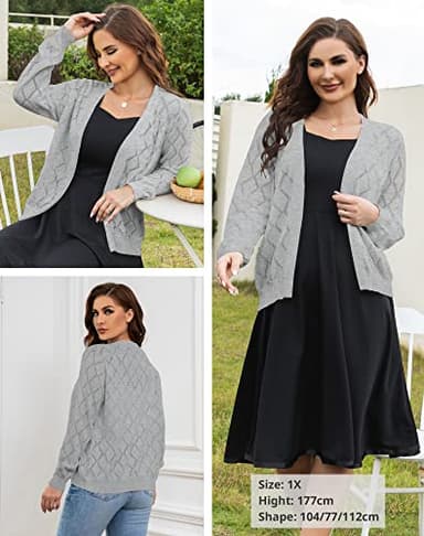 Plusashion Women's Lightweight Cardigan Open Front Long Sleeve Hollow Out Sweaters, Light Grey-L - Image 3