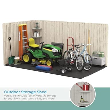 Suncast 8’x10’ Tremont Resin Shed, Vanilla & Slate – Backyard Storage Unit with Skylights, Corner Shelves, Reinforced Floor & Double Doors – Store Lawn Mower, Garden Equipment & Outdoor Tools - Image 5