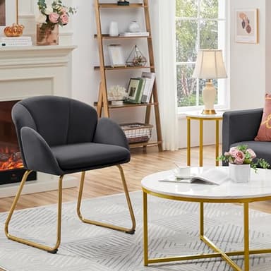 Yaheetech Flower Shape Velvet Armchair, Modern Side Chair Vanity Chair with Golden Metal Legs for Living Room/Dressing Room/Bedroom/Home Office/Kitchen, Dark Gray - Image 2