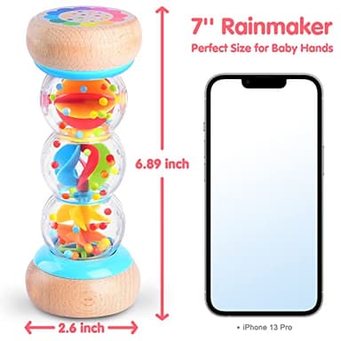 PLAY Rainmaker - 7 inch Wooden Rainbow Rain Stick Montessori Toys for Babies 6-12 Months, Baby Rattle Shaker Sensory Developmental Toy, Raindrops Musical Instrument - Image 2