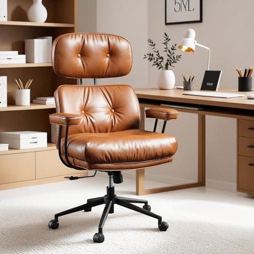 ovios Ergonomic Home Office Chair, Mid-Century Modern Faux Leather Chairs with Thickened Cushions, Comfy High Back Swivel Rolling Executive Computer Armchair (Brown, PU Leather) - Image 1