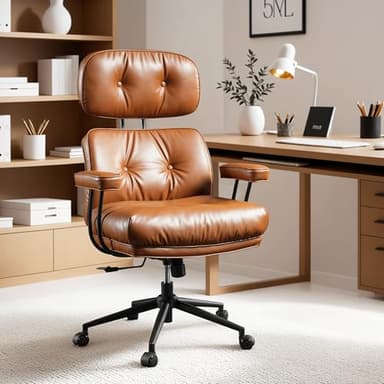 ovios Ergonomic Home Office Chair, Mid-Century Modern Faux Leather Chairs with Thickened Cushions, Comfy High Back Swivel Rolling Executive Computer Armchair (Brown, PU Leather) - Image 1