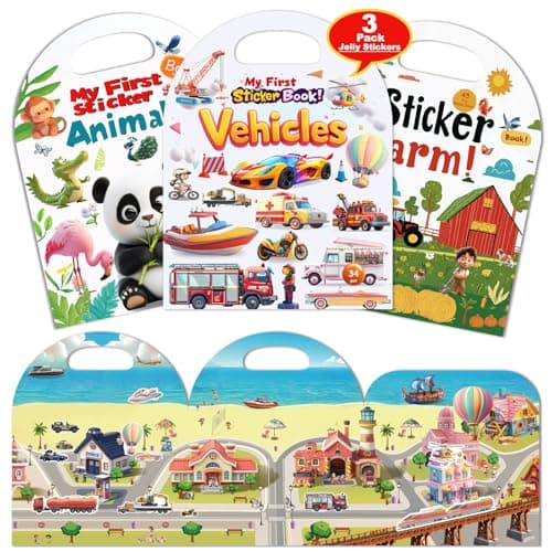 3-Pack Reusable Sticker Books for Toddlers 2-4 Years, Vehicles Truck, Animals & Farm Jelly Activity Stickers for Boys Girls Road Trip Airplane Train Travel Essentials Toy for Kids Birthday Gifts - Image 1