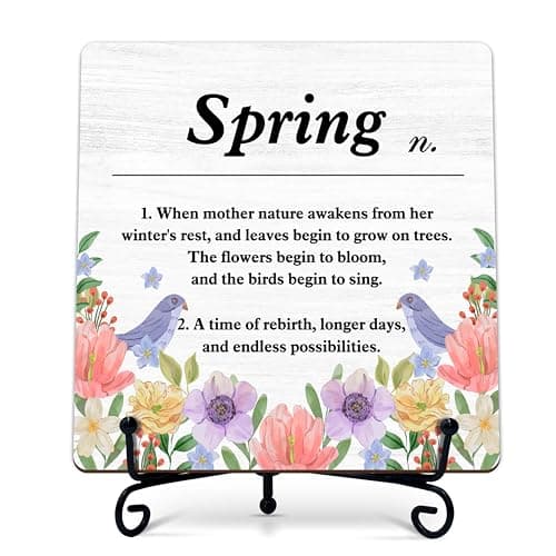seclate Spring Decor, Spring Definition Wooden Sign, Spring Floral Desk Wood Decor with Iron Stand, Ideal Gifts Desk Decorations for Home Office Bedroom Shelf Table Centerpieces - B01 - Image 1