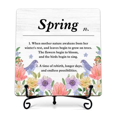 seclate Spring Decor, Spring Definition Wooden Sign, Spring Floral Desk Wood Decor with Iron Stand, Ideal Gifts Desk Decorations for Home Office Bedroom Shelf Table Centerpieces - B01 - Image 1