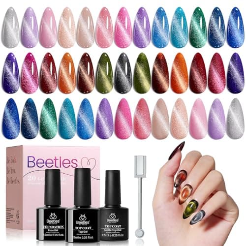 Beetles Cat Eye Gel Nail Polish Set - 20 Colors Nude Pink Green Blue Purple Brown Black Cat Eye Nail Polish Kit with Magnet Base Coat Glossy Matte Top Coat Soak Off UV Salon DIY Gift for Women - Image 1