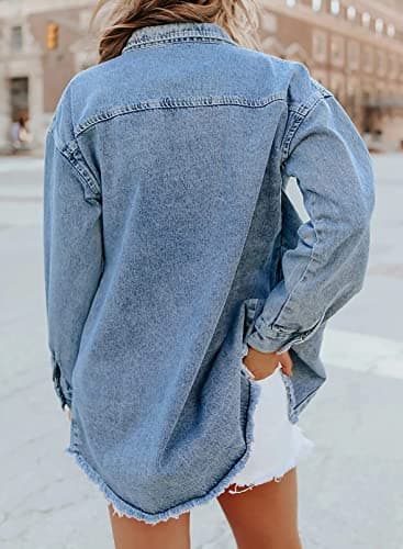 Dokotoo Womens Washed Boyfriend Oversized Lapel Button Up Long Sleeve Denim Trucker Jacket Distressed Ripped Denim Jackets Fashion Distressed Jean Jacket for Women with Pockets, (US 8-10) M,Sky Blue - Image 2