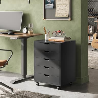 DEVAISE 5-Drawer Chest, Wood Storage Dresser file Cabinet with Wheels, Mobile Dresser for Home Office, Black - Image 2
