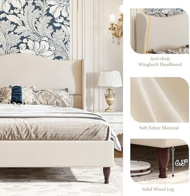 koorlian Full Size Bed Frame Upholstered Platform Bed with 51" Tall Headboard Wingback, Soft Fabric, Retro Simple Style Platform Bed No Box Spring Needed, Easy Assembly, Beige - Image 8
