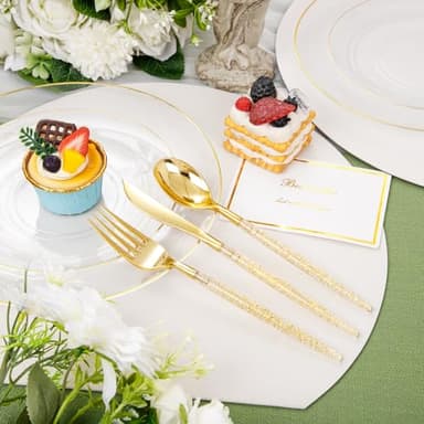 Liacere 150PCS Clear Gold Plastic Plates - Gold Plastic Silverware with Glitter Handle - Clear Disposable Plates Include 30 Guests Plates, Forks, Spoons, Knives for Wedding & Party&Chrismas - Image 2