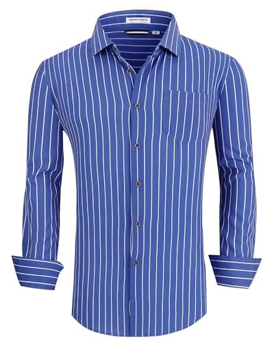 Alex Vando Mens Button Down Shirts Wrinkle Free 4-Way Stretch Print Business Casual Shirt,Blue Stripe,XL - Image 1