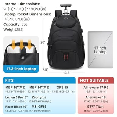 Boavan Rolling Backpack,17 inch Water Resistant Wheeled Backpack,Carry on Luggage Business Bag, Overnight College Computer Trolley Suitcase for Men Women Adults to Travel，Black - Image 2