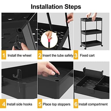 SPACELEAD 3 Tier Rolling Cart with Wheels, Storage Craft Art Trolley Organizer Serving, 3 Hanging Baskets Easy Assembly, for Office, Living Room, Kitchen, Black - Image 10