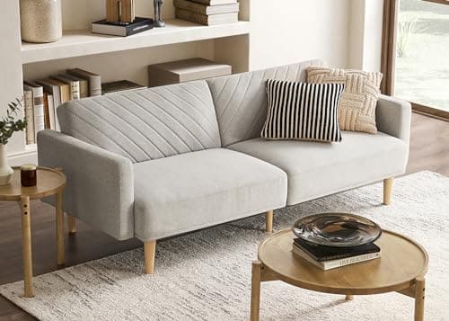 mopio 76.8" Futon Sofa Bed, Small Couch, Sleeper, Loveseat, Mid Century Modern Futon Couch, Sofa Cama, Couches for Living Room (Light Gray Fabric) - Image 1