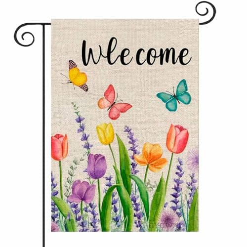 Spring Summer Tulip Lavender Welcome Easter Garden Flag 12 x 18 Inch Double Sided, Butterfly Floral Small Burlap Yard Outdoor Flag Seasonal Outside Decoration - Image 1