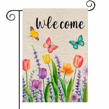 Spring Summer Tulip Lavender Welcome Easter Garden Flag 12 x 18 Inch Double Sided, Butterfly Floral Small Burlap Yard Outdoor Flag Seasonal Outside Decoration - Image 1