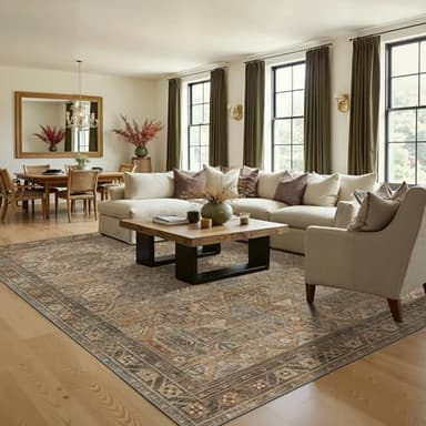 Bavni Washable Rug 9x12 Area Rug for Living Room Bedroom Dining, Washable Vintage Print Carpet, Ultra-Thin Chenille Low Pile Lightweight Rug with Non Slip Backing, Warm Taupe - Image 4