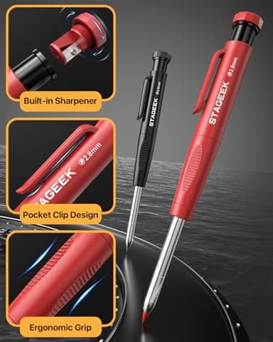 STAGEEK 2PCS Carpenter Pencils with Sharpener, Heavy Duty Woodworking Tools, Mechanical Pencil Set with 26 Refills, Deep Hole Long Nib Marker Pens for Architect Marking with Case (Black, Red) - Image 6