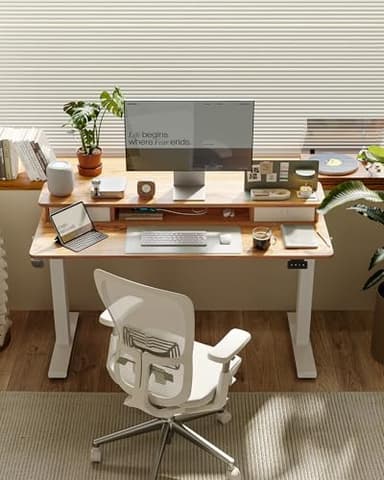 FEZIBO 60 x 24 Inch Height Adjustable Electric Standing Desk with Double Drawer, Computer Desk, Home Office Stand Up Table with 4 Height-Adjustable Feets & 2 Hooks, Light Rustic - Image 2