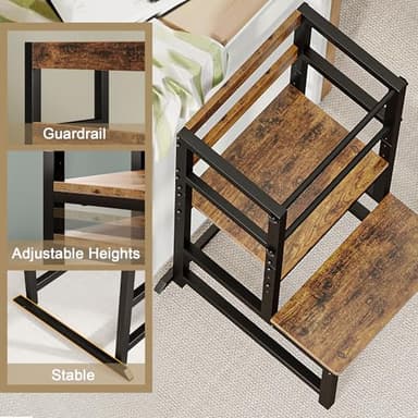 INNOD Kitchen Step Stool for Toddlers, Height Adjustable Toddler Tower with Safety Rail, Steel and Wood Toddler Kitchen Stool Helper Kids, Stool for Kids, Learning Tower, Kids' Desk Brown - Image 6