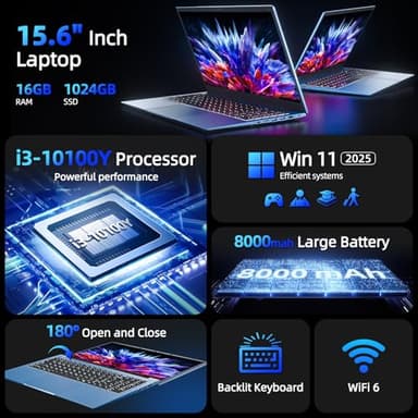 SGIN Laptop 15.6 Inch 16GB RAM 1024GB SSD, Win 11, Laptops Computer with Core I3, Portable Notebook, 7000mAh, WiFi 6, 180° Open Angle, 7000mAh, for Business and Students - Image 2