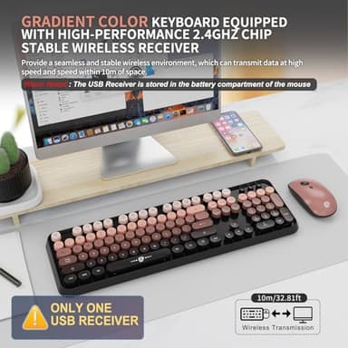 Wireless Keyboard and Mouse Combo, 104 Round Keys Cute Colorful Keyboard and Mouse with Retro Typewriter for PC/Mac/Laptop/Tablet/Computer/Windows Black - Image 2