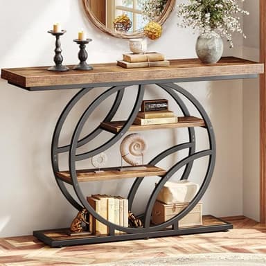 Huuger 47.2 Inch Entryway Table, Industrial Console Sofa Table with Storage, Accent Table with Shelves, for Entry, Hallway, Entrance, Foyer, O-Shaped Metal Frame, Rusitc Brown - Image 1