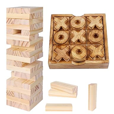 Glintoper Tic Tac Toe & Tumble Tower Blocks Tables Game Set, Classic Wood Stacking Game & XOXO Board Games for Kids Family, Living Room Rustic Coffee Table Decor, Travel Strategy Board Games - Image 1