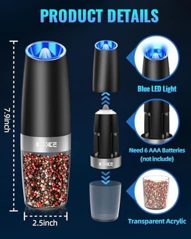 XinXu Gravity Electric Pepper and Salt Grinder Set, Adjustable Coarseness, Battery Powered with LED Light, One Hand Automatic Operation, Black -2 Pack - Image 3